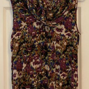 purple, blue and beige cowl neck sleeveless shirt